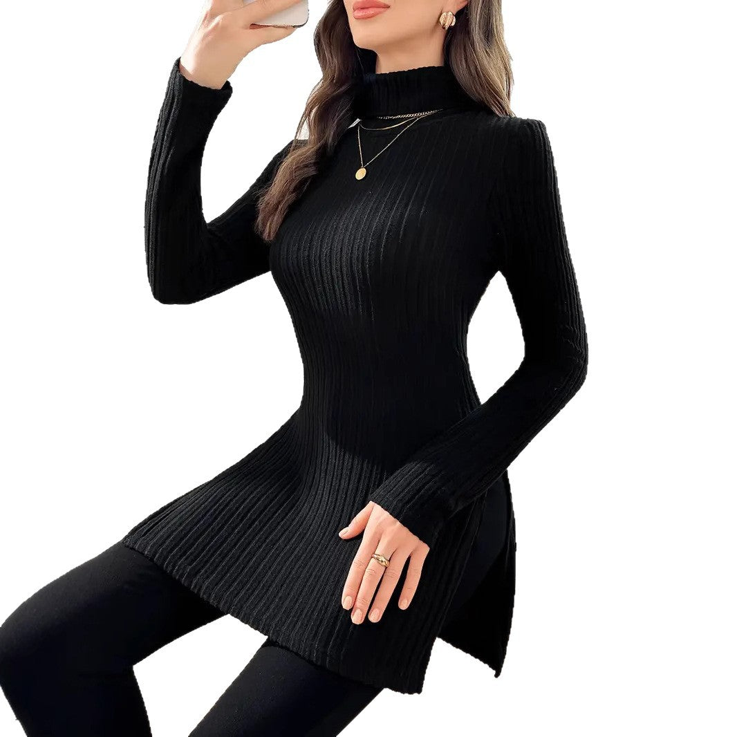Plus Size Women's Turtleneck Pullover Side Slit Mid-length Sweater