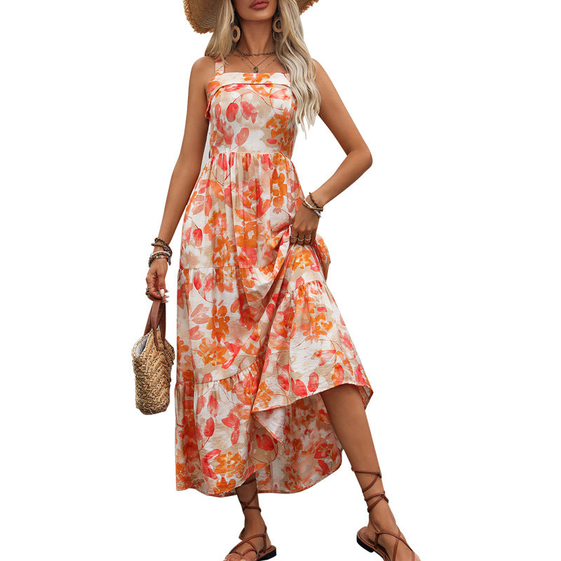 Backless Strap Dress V Neck Slip Dress With Floral Print