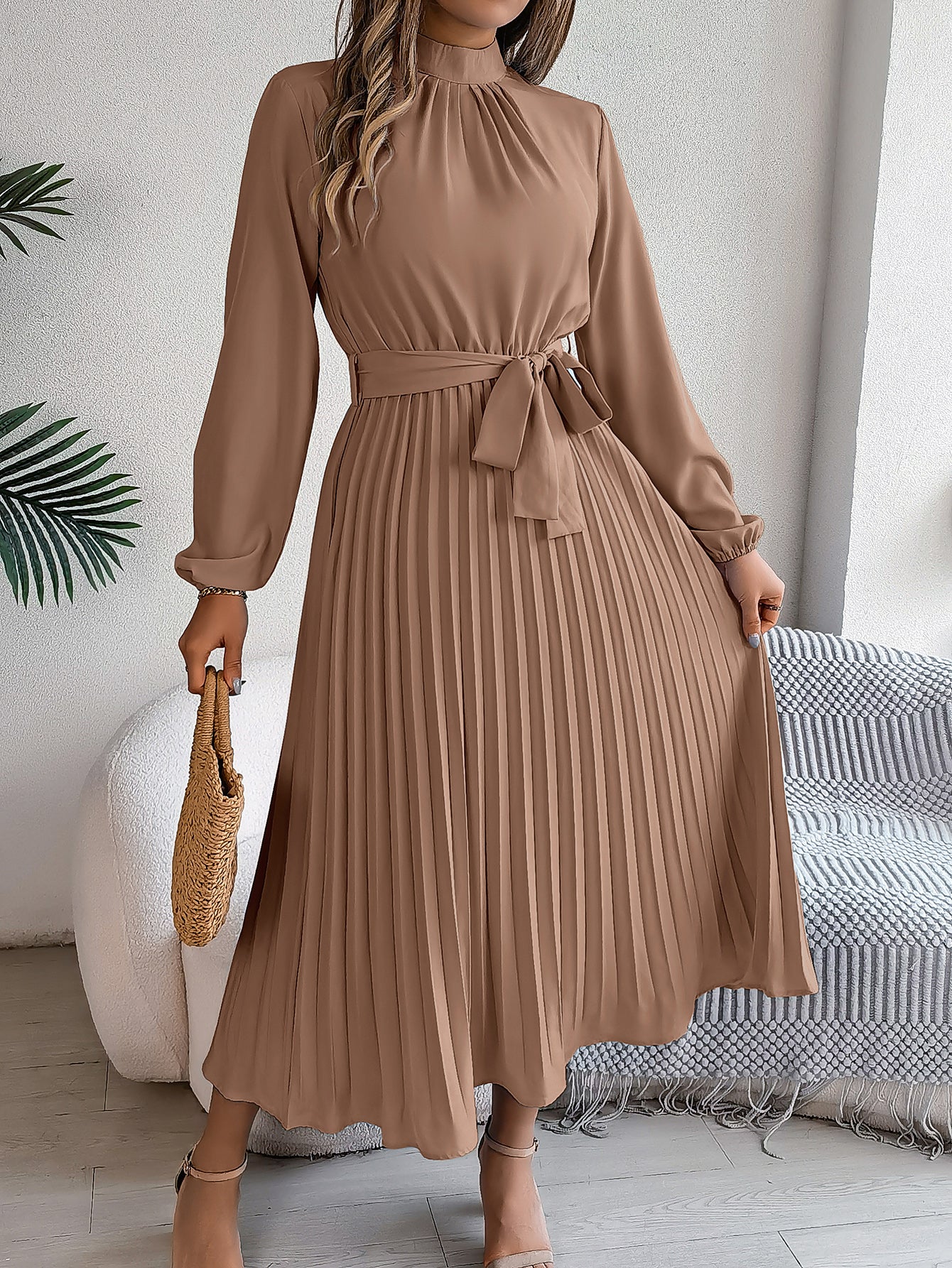 Women's Elegant Stand Collar Long Sleeve Tie Waist Pleated Maxi Evening Dress