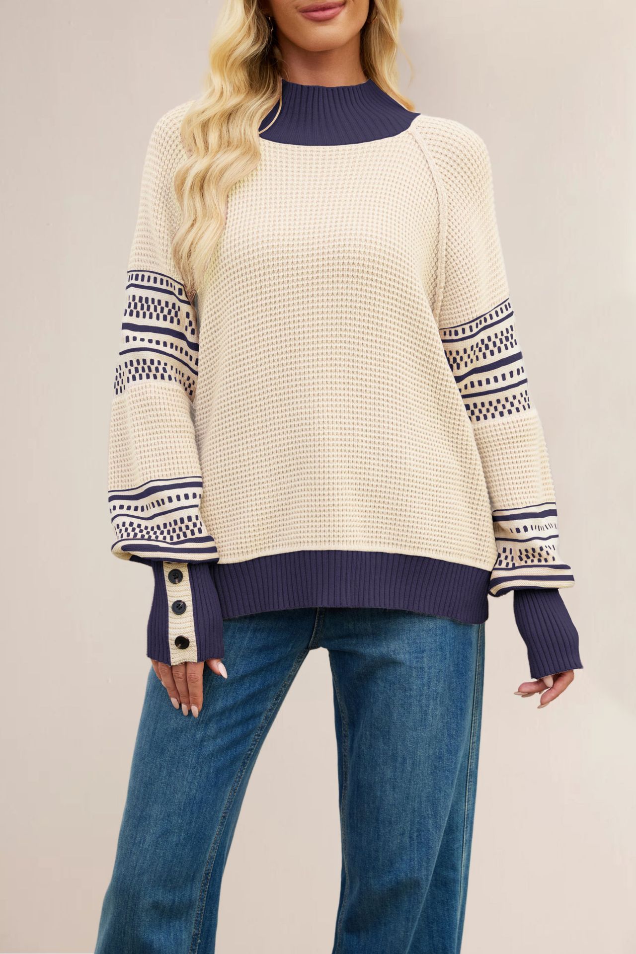 Fashionable Knitted Color-Block Mock-Neck Pullover Sweater