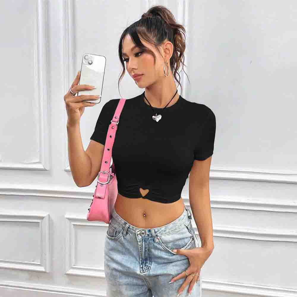 Love Heart Ring Round Neck Short Sleeve Crop Sexy Fashion T-shirt