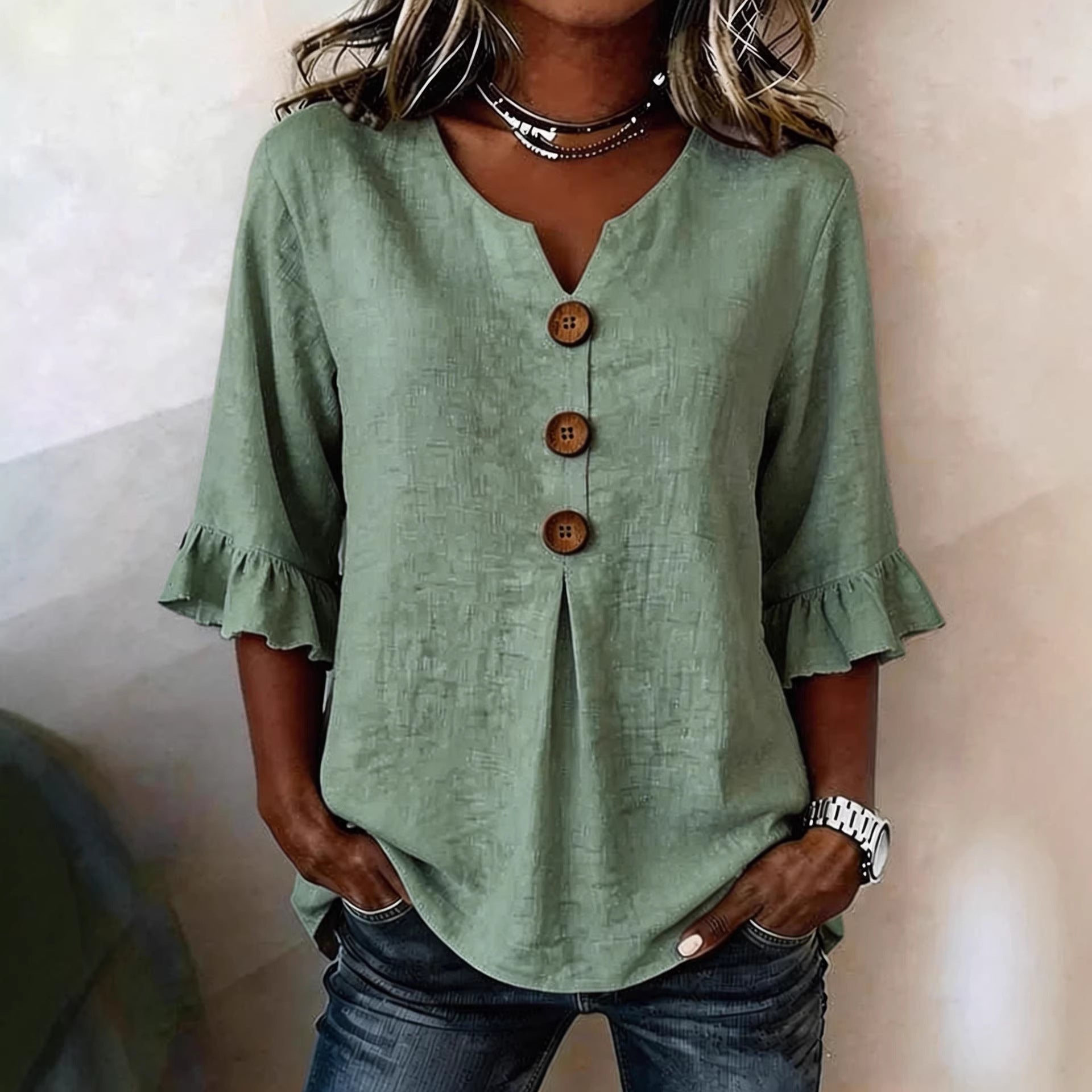 Women's V-neck Cotton-linen Button-up Top