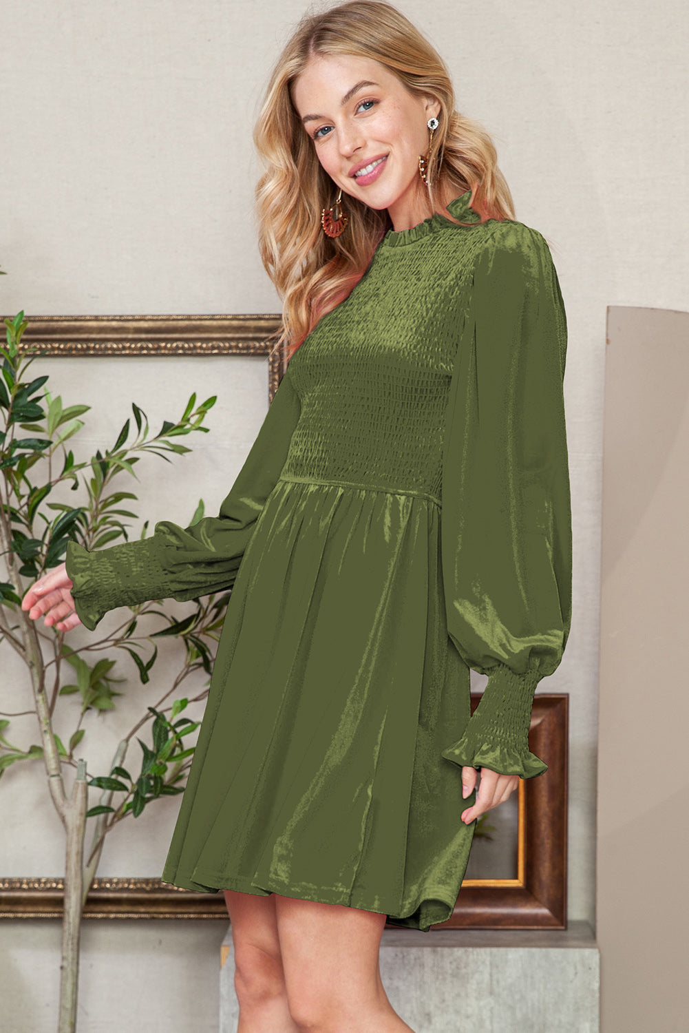 Green Smocked Lantern Sleeve Frilled Velvet Dress