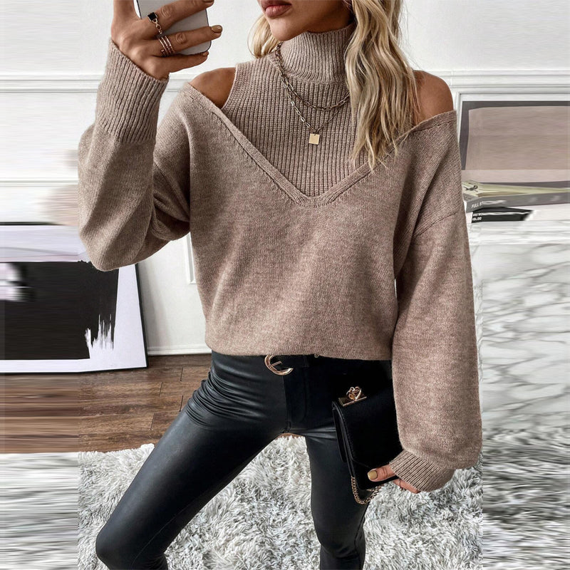Women's Elegant Off-Shoulder Turtleneck Sweater, Solid Color Long Sleeve Knit Top For Autumn & Winter