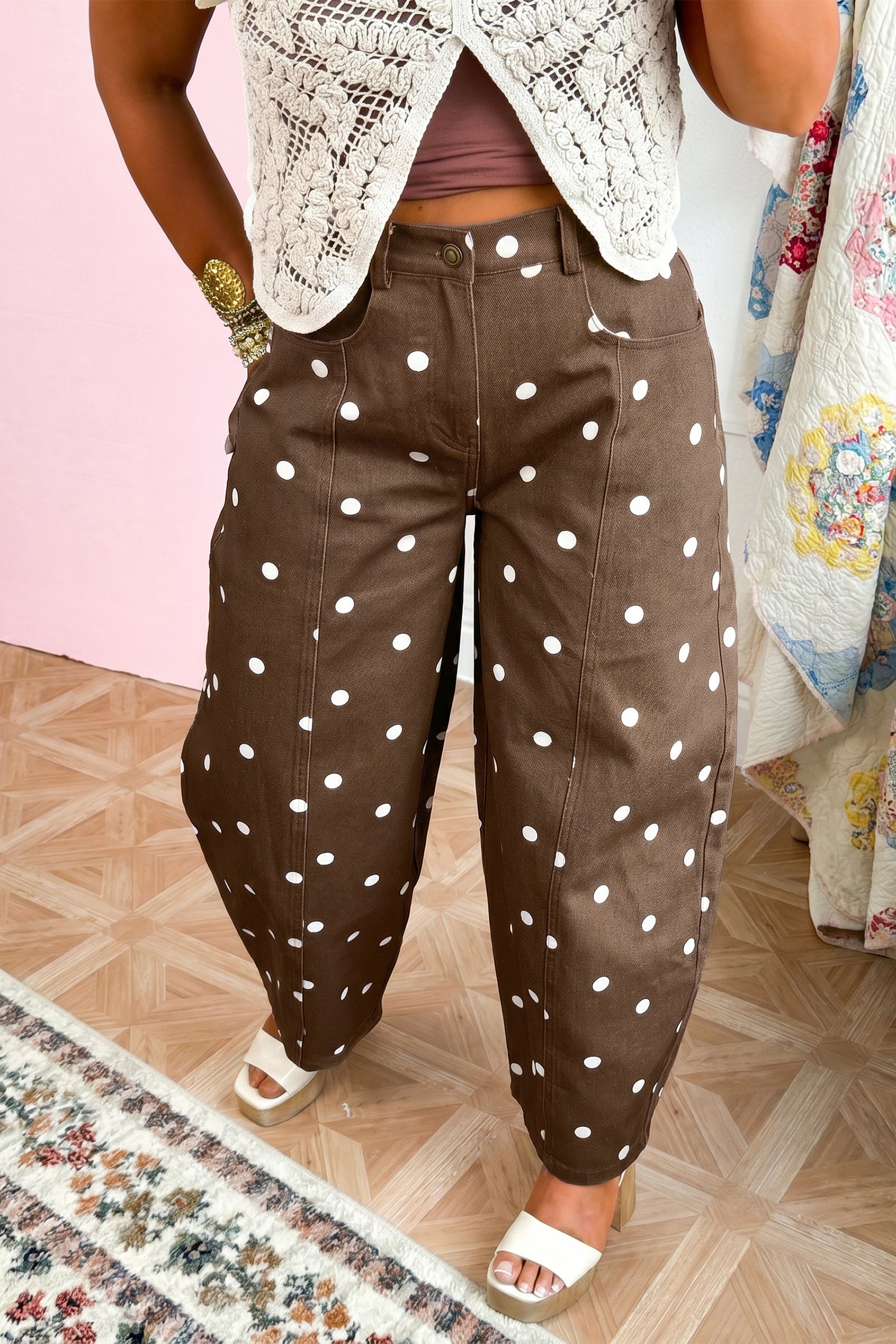 Blue Tailored Seam Polka Dot Print Barrel Casual Jeans