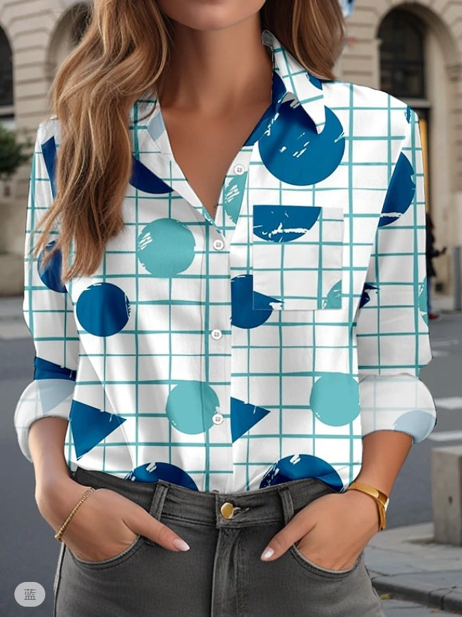 Womens Casual Plaid-pocket Long-sleeve Top