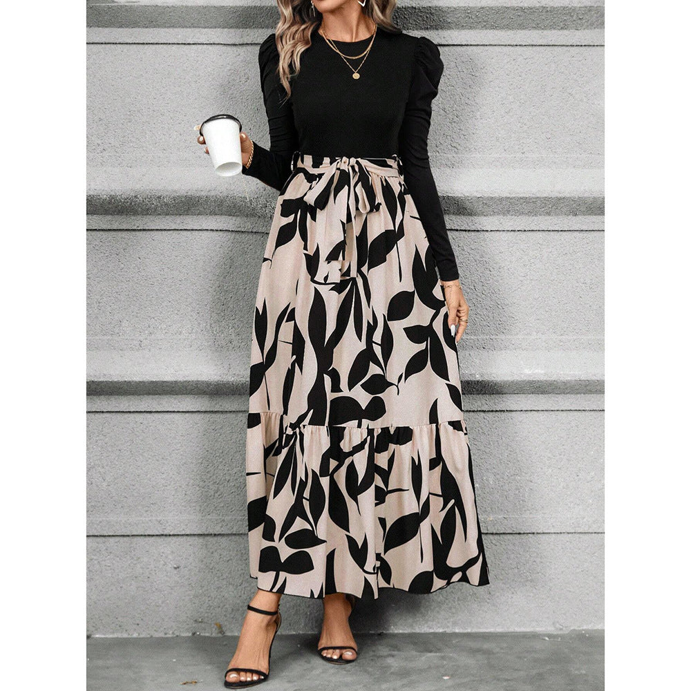 Womens Autumn Floral Print Crew-Neck Long-Sleeve Dress