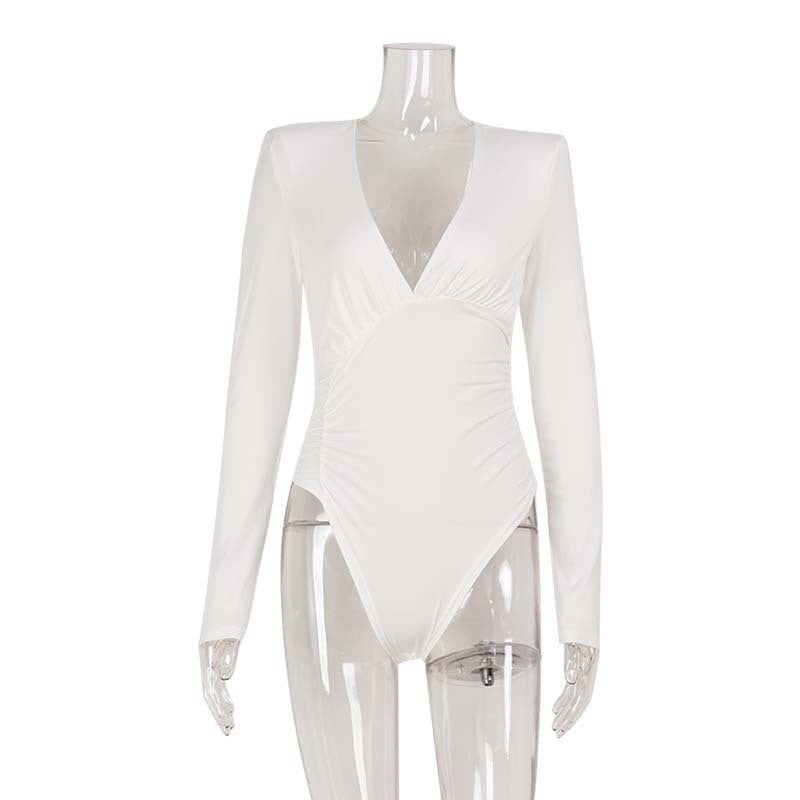 Solid Color High-end Deep V Long-sleeve Padded Shoulder High-elastic Skin-tight Slimming Bodysuit