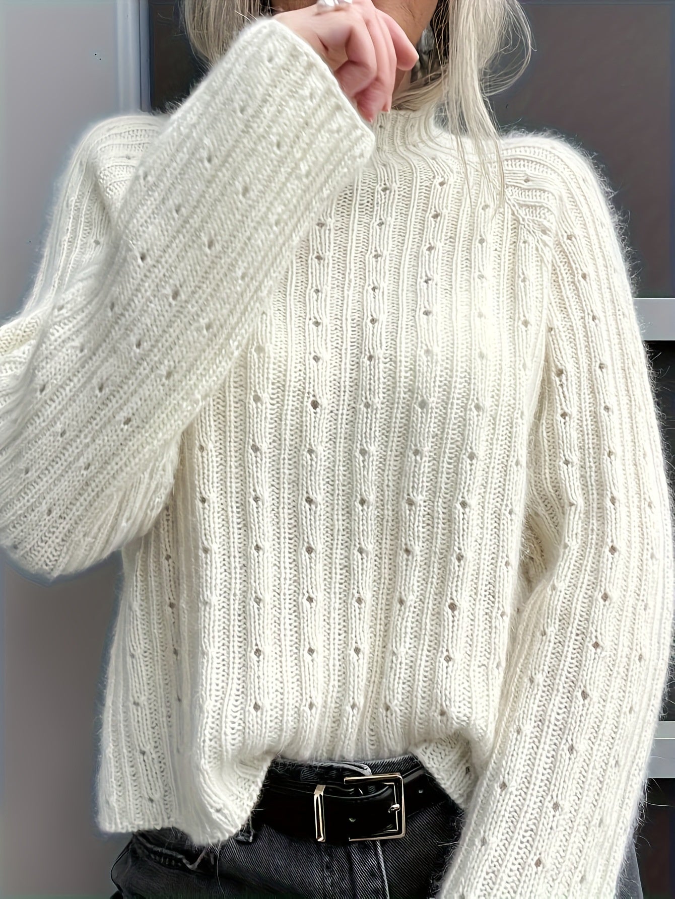 Laid-back Style Hollow-out Knitted Pullover With A Crew Neck