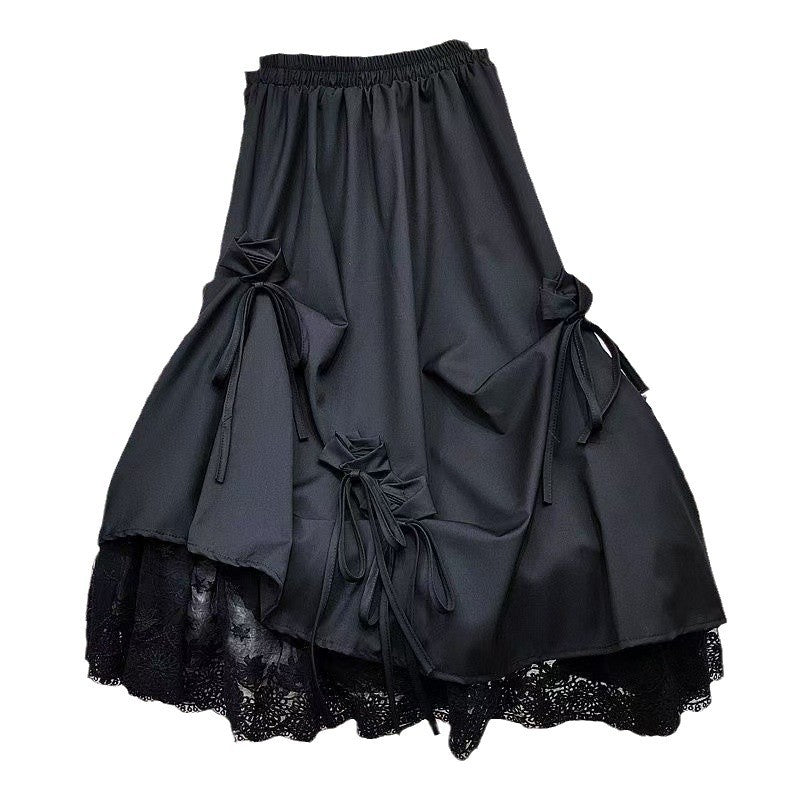 High-waisted Bow Heavy Work Spliced Lace A-line Midi Skirt