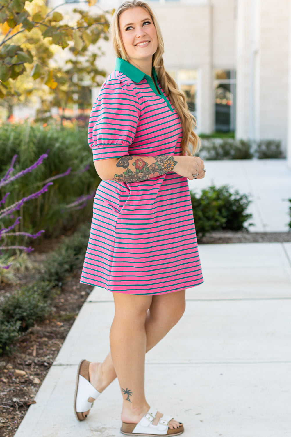 Rose Stripe Collared V Neck Puff Sleeve Shift T Shirt Dress with Pockets