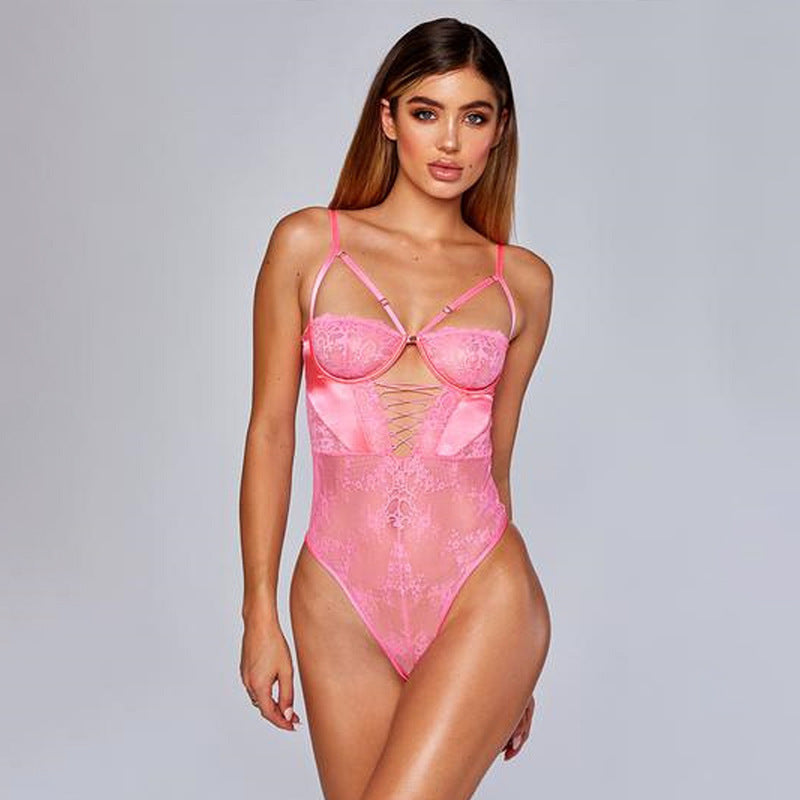Cross Back Sexy Lace Suspender Bodysuit
