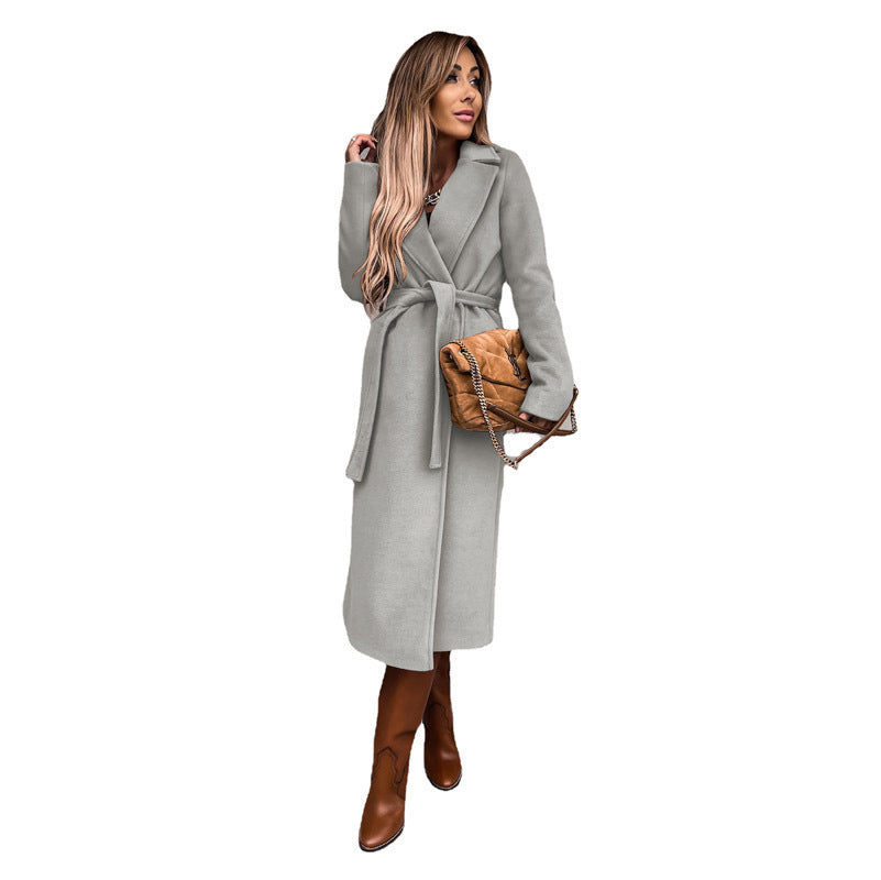 Autumn And Winter Women's Clothing Solid Color Polo Collar Long-sleeved Woolen Coat