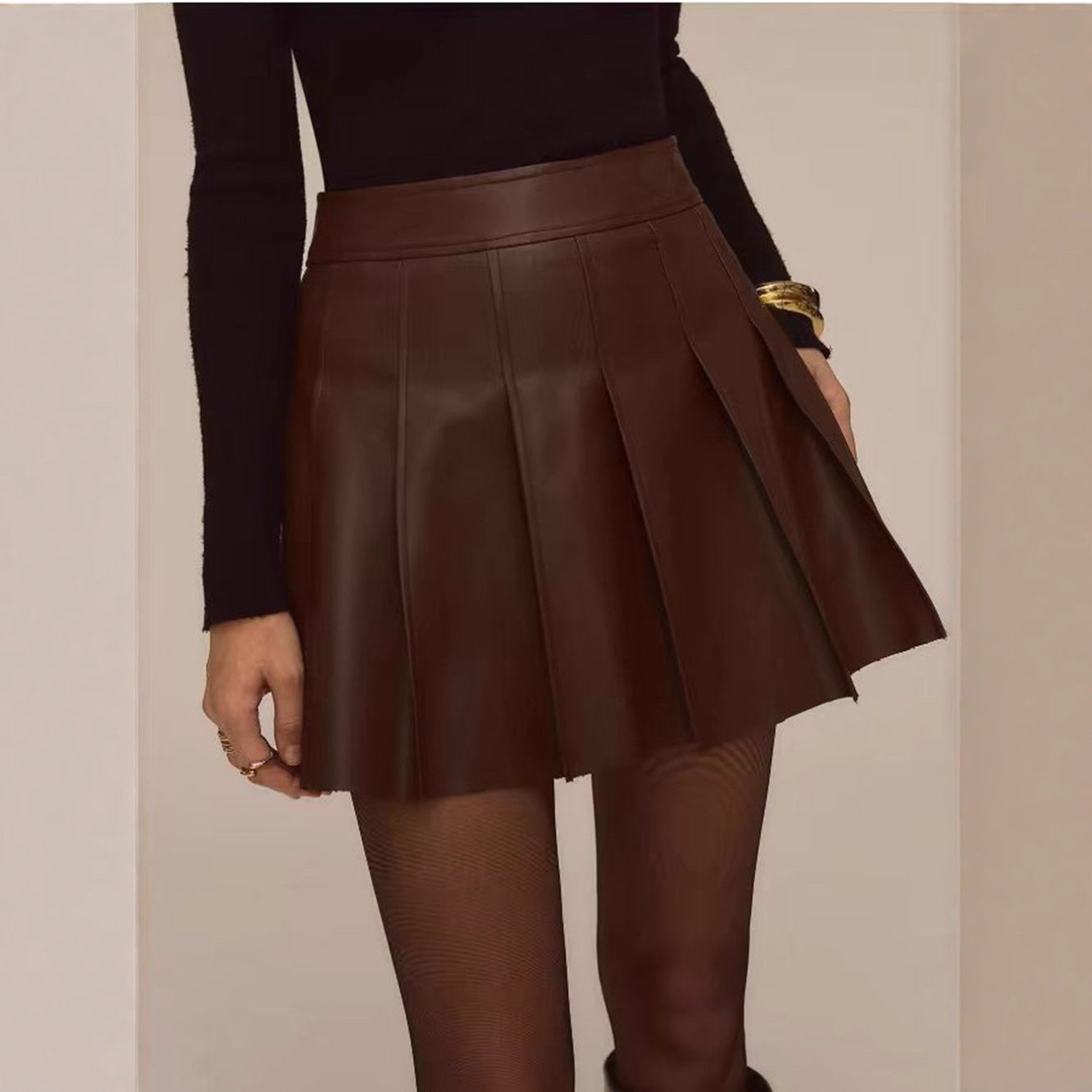 Coffee-colored PU Leather Skirt Short Skirt Spicy Girls Pleated Skirt