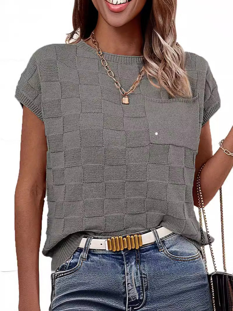 Small Plaid Knitted Casual Womens Top