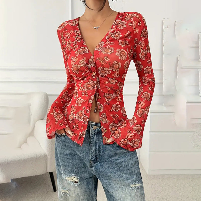 Women Button Down Floral Shirts 2025 Fall Trendy Long Sleeve V Neck Ruched Fitted Blouse Tops