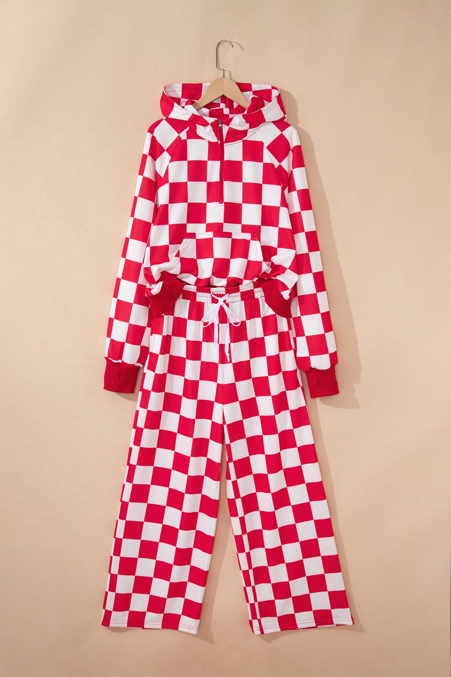 Red Checkered Print Half Zip Hoodie Loose Pant Set