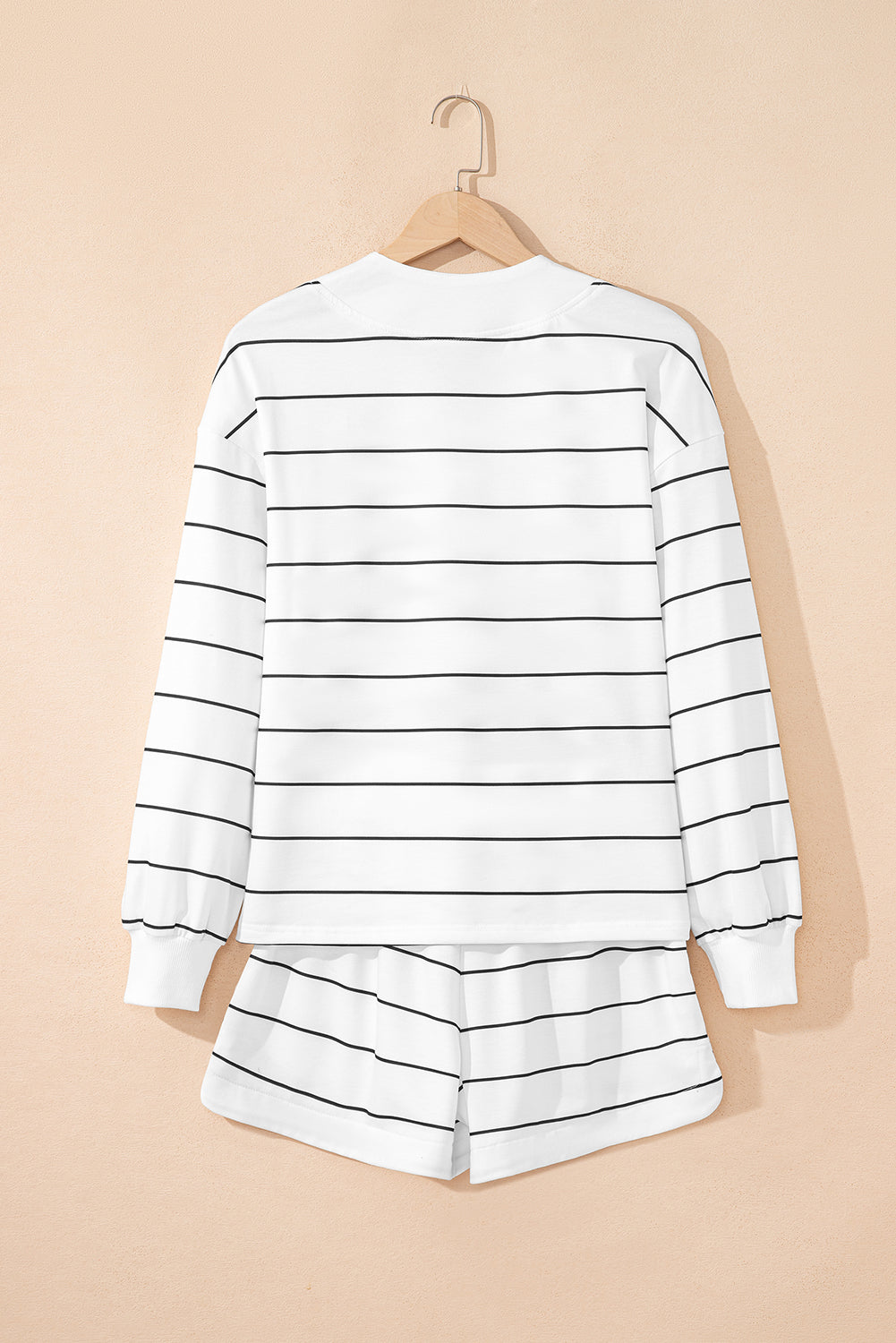 White Stripe Zip up Drop Shoulder Pullover and Short 2pcs Outfit
