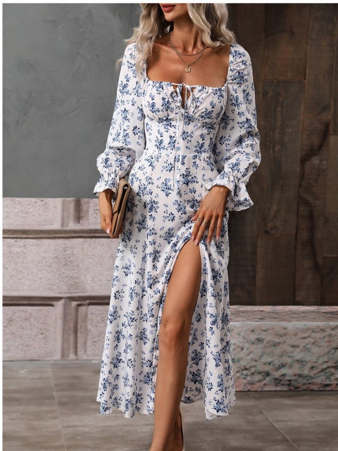 Flowers Printing Long Sleeve Dress Fashion Square-neck Bottom Slit Dresses Womens Clothing