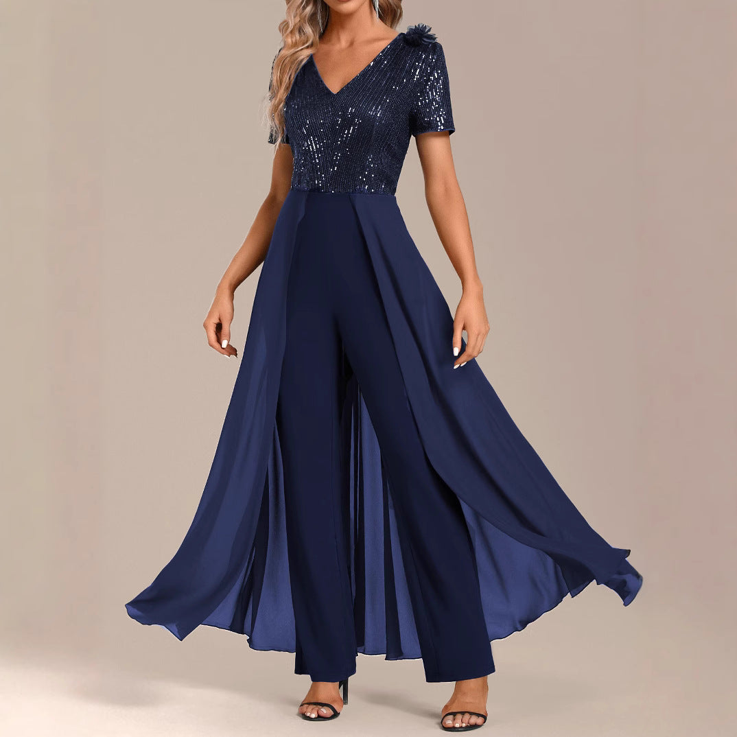 Solid Color Temperament Chiffon Sequin Splicing Women's Jumpsuit