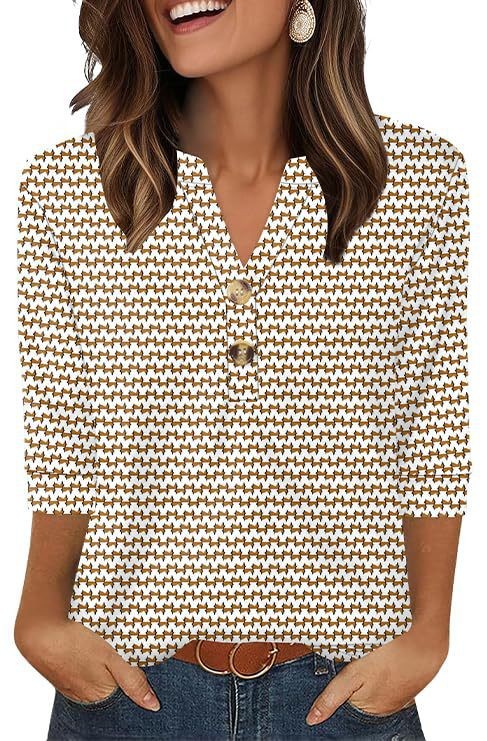 Womens Plus-Size Loose V-Neck Buttoned Three-Quarter Sleeve T-Shirt