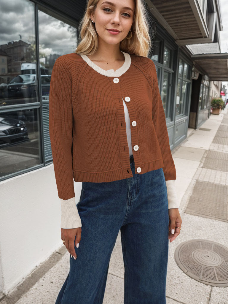 Fashion Round Neck Single Row Button Contrast Color Coat For Women