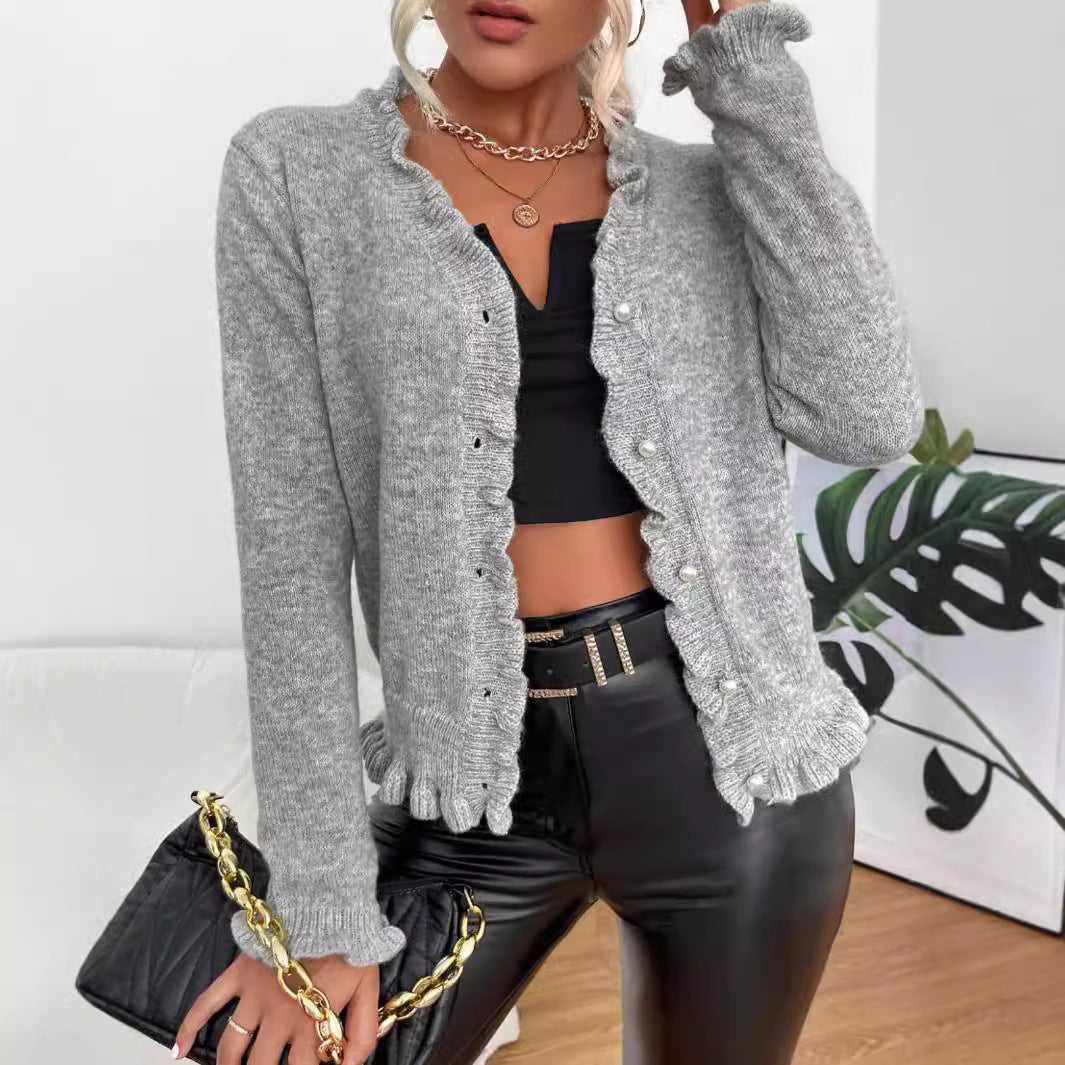 Wooden Ear Rib Knitted Cardigan Pearl Button Sweater