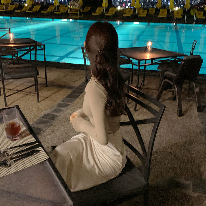 Diagonal Collar Long Sleeved Fitted T-shirt Base Solid Color Top