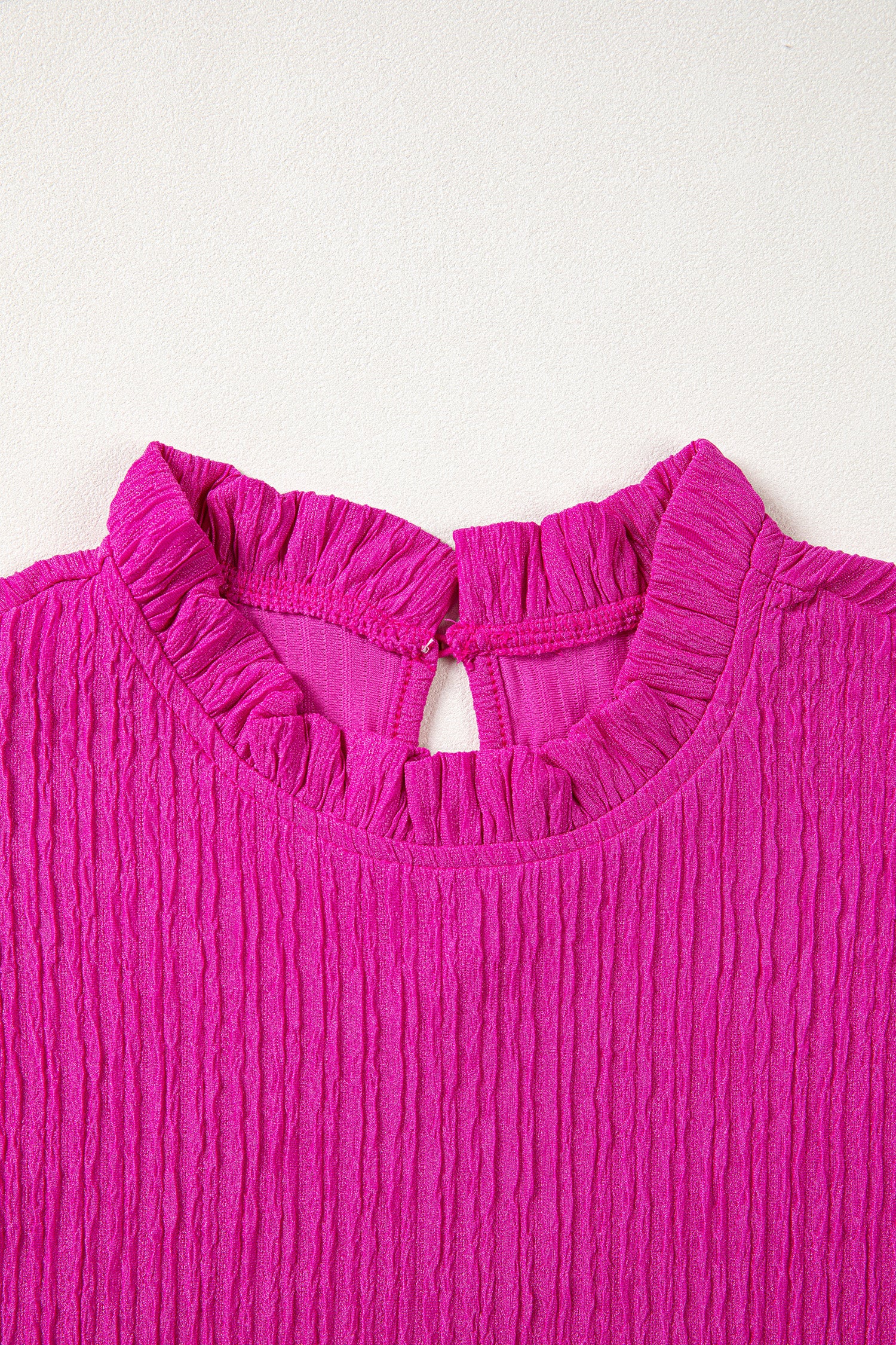 Black Solid Color Textured Ruffle Trim Short Sleeve Blouse