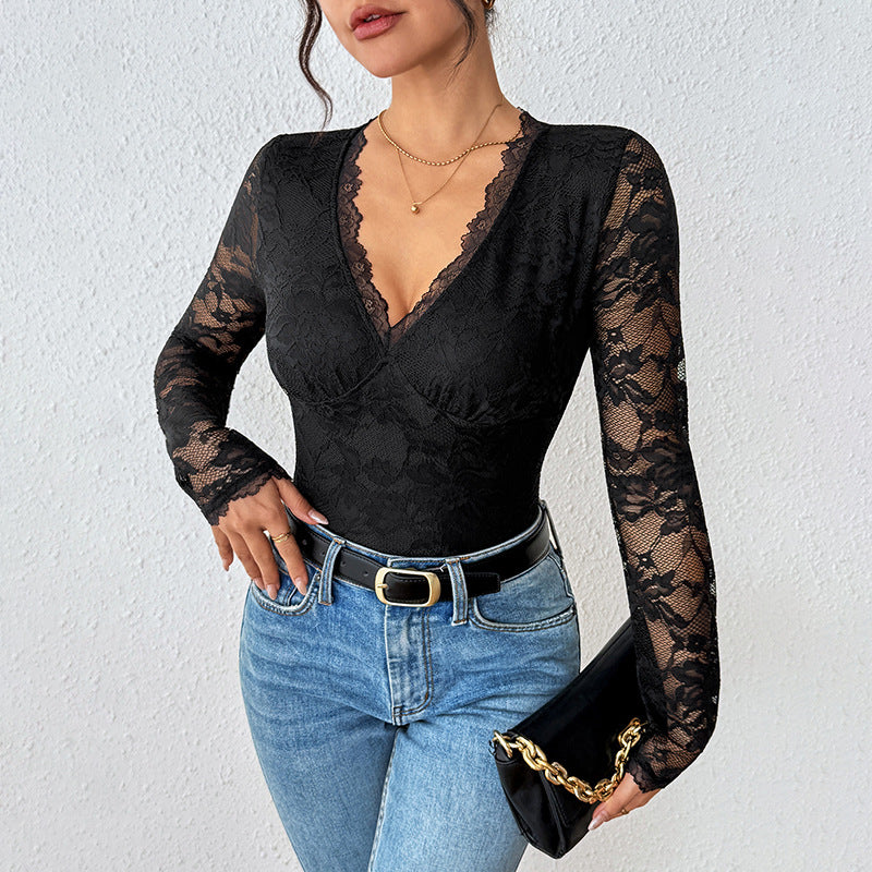 Black Lace Bodysuit With A Hollowed-out Back And V-neck