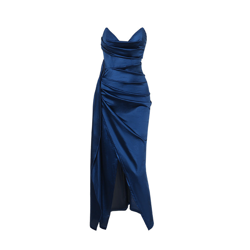 Womens Deep-V Waist-Cinching Satin Split Dress