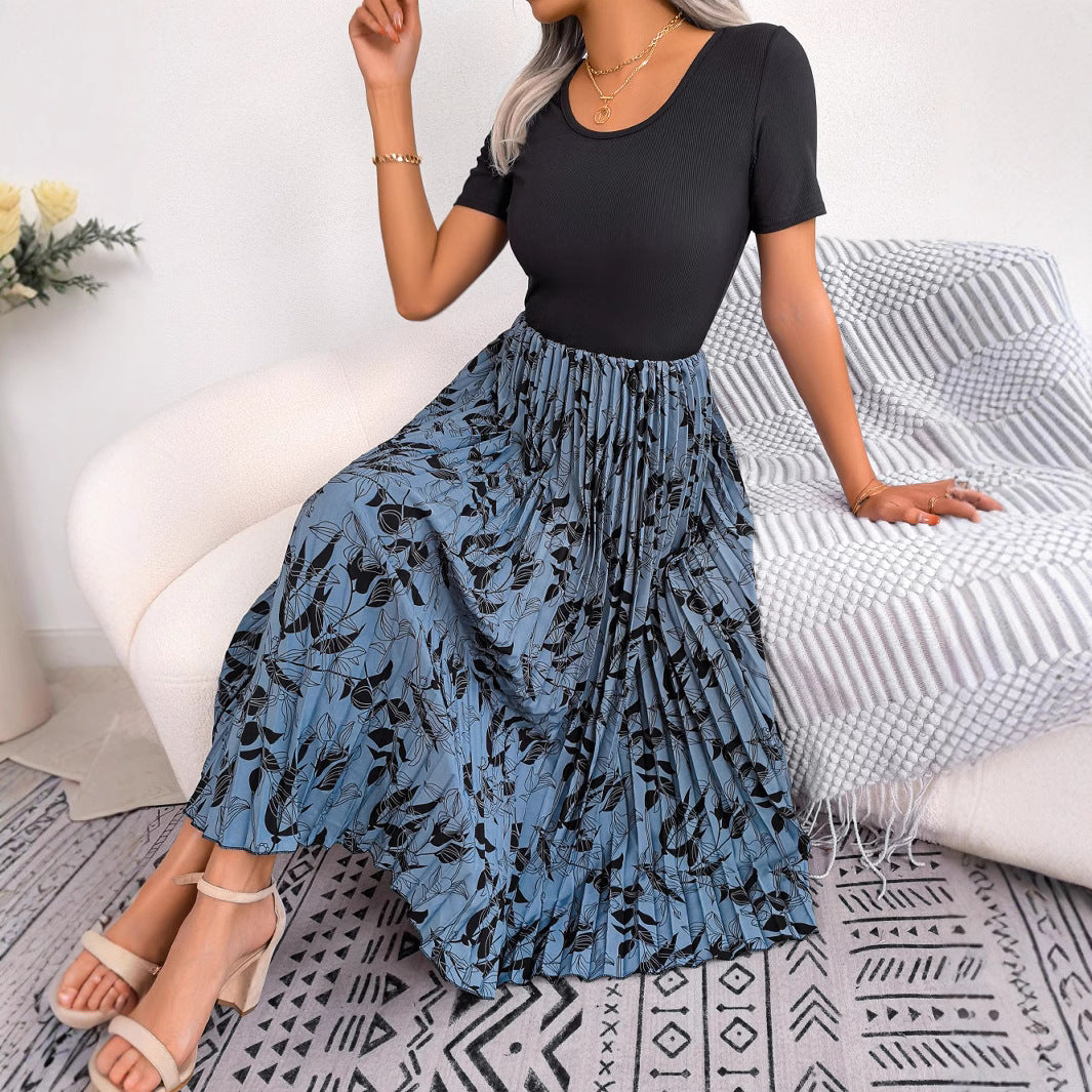 Womens Casual Leaf-Print High-Waisted Pleated Midi Dress