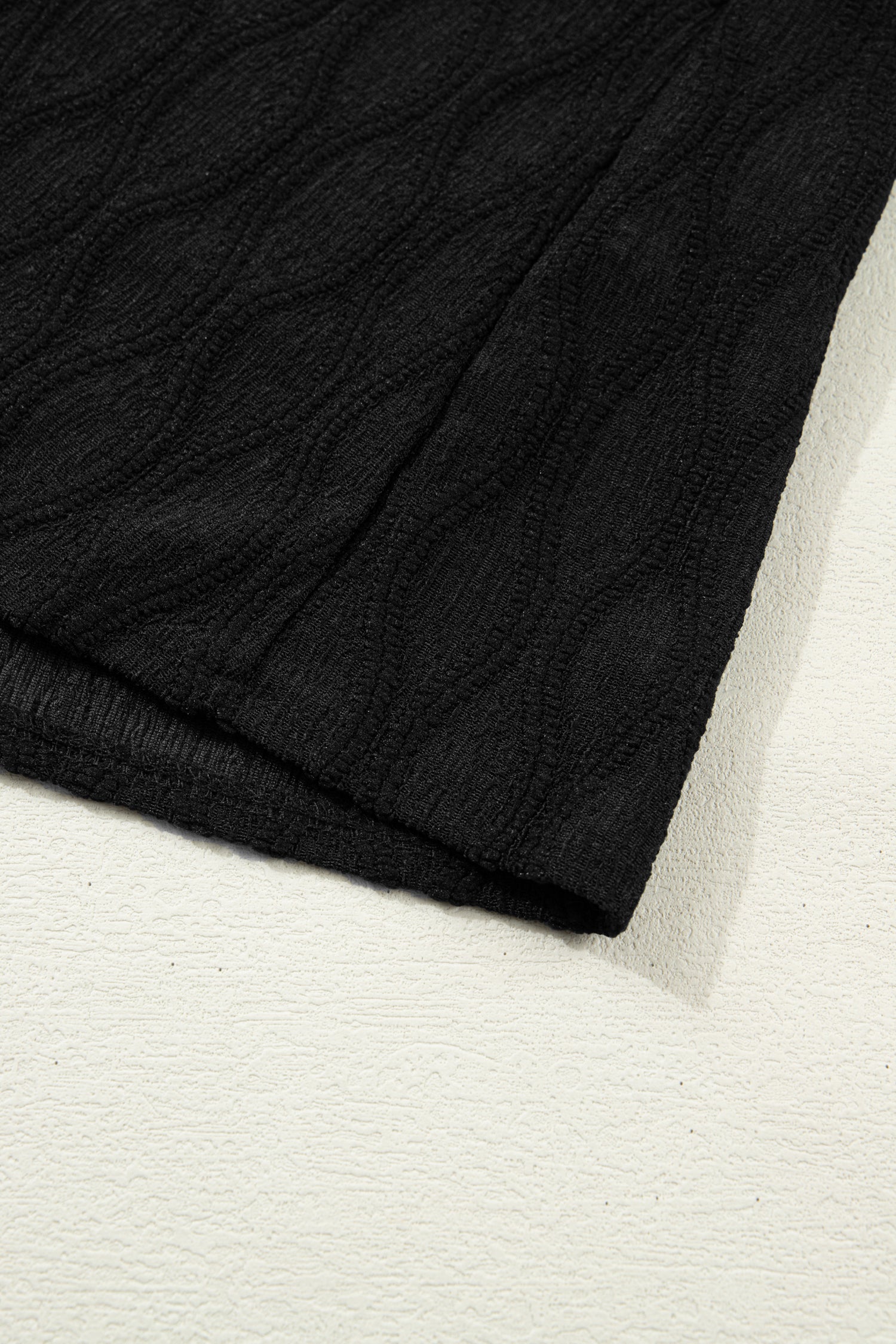 Black Solid Color Textured Notched Neck Puff Sleeve Blouse