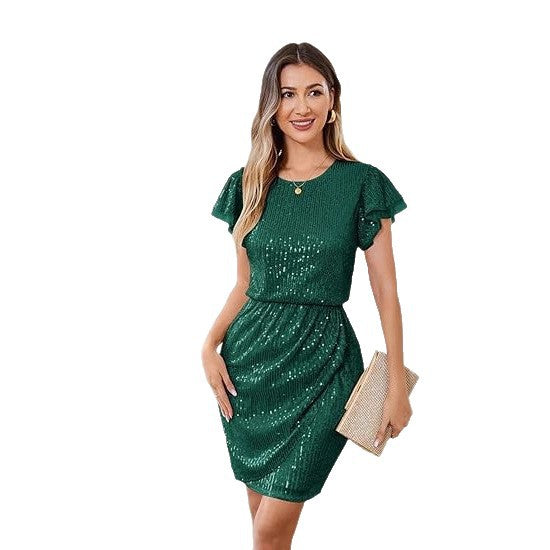 High-waisted Fashionable Sequin Dress With A Round Neckline