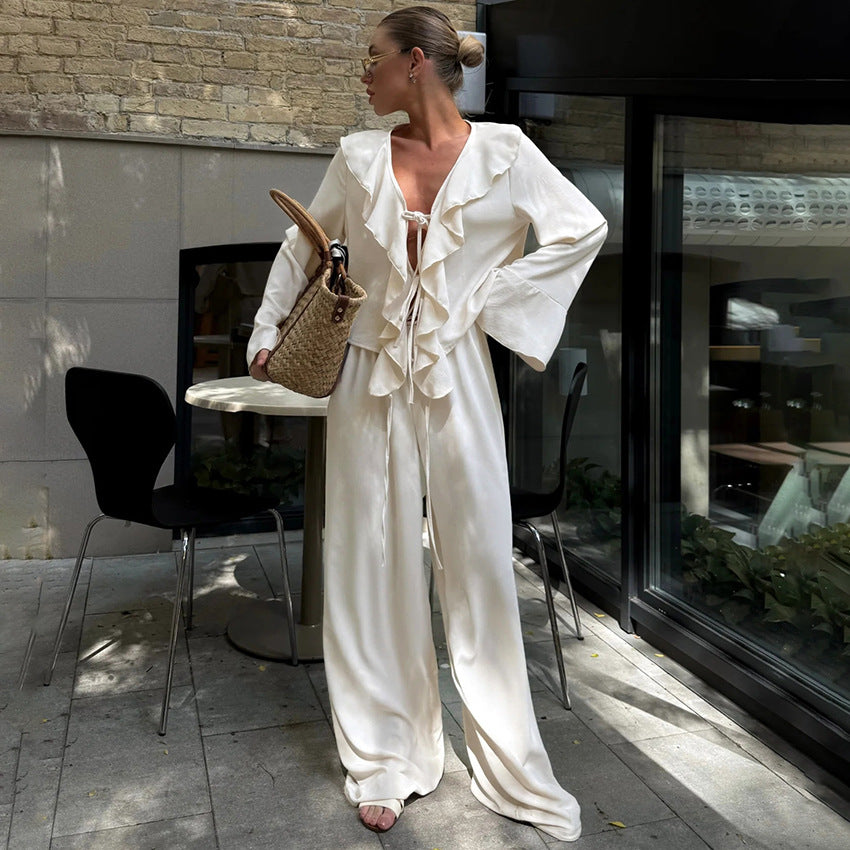 V-neck Ruffled Long-sleeve Shirt And High-waist Wide-leg Pants Two-piece Set