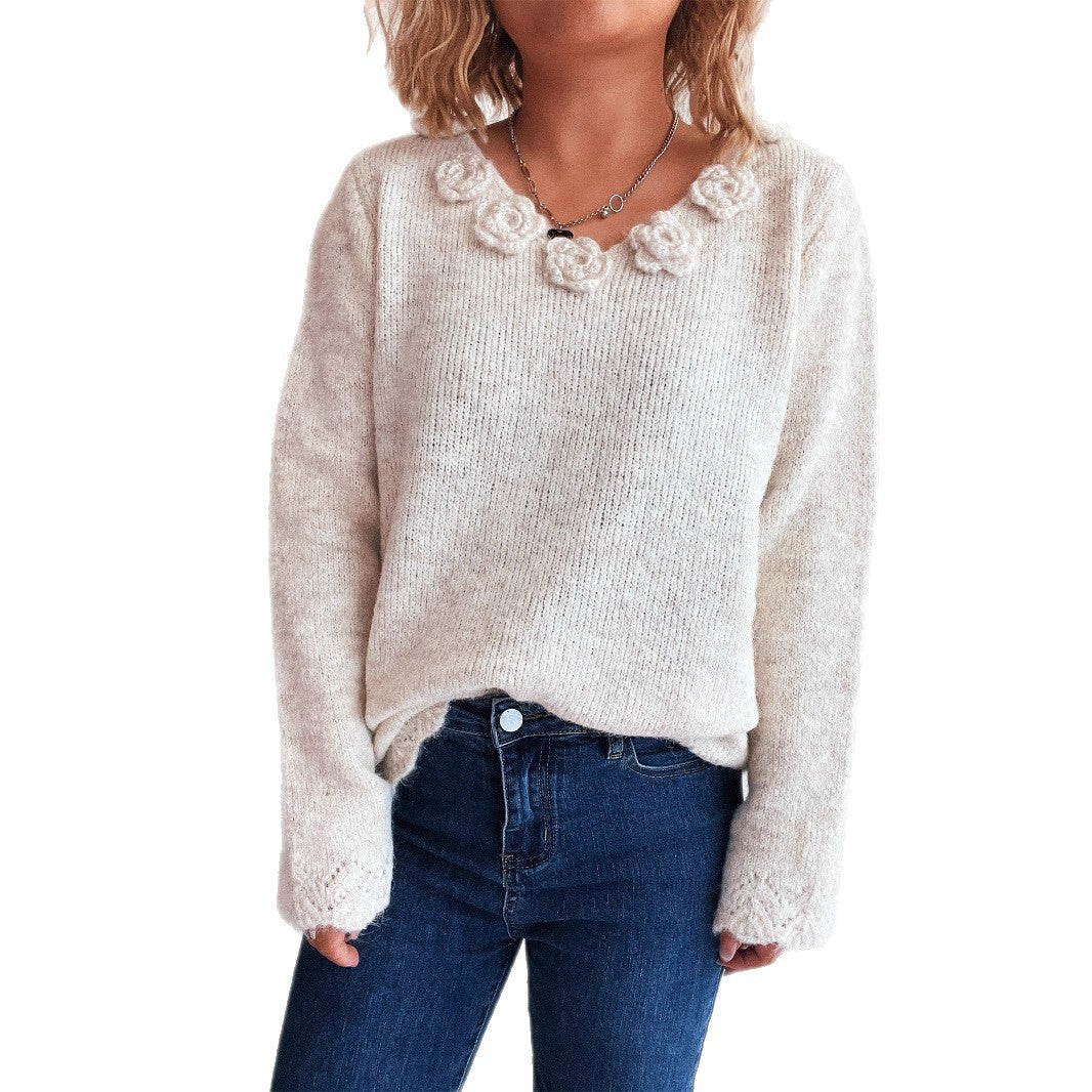 New Patchwork Flower Solid Color Sweater For Women