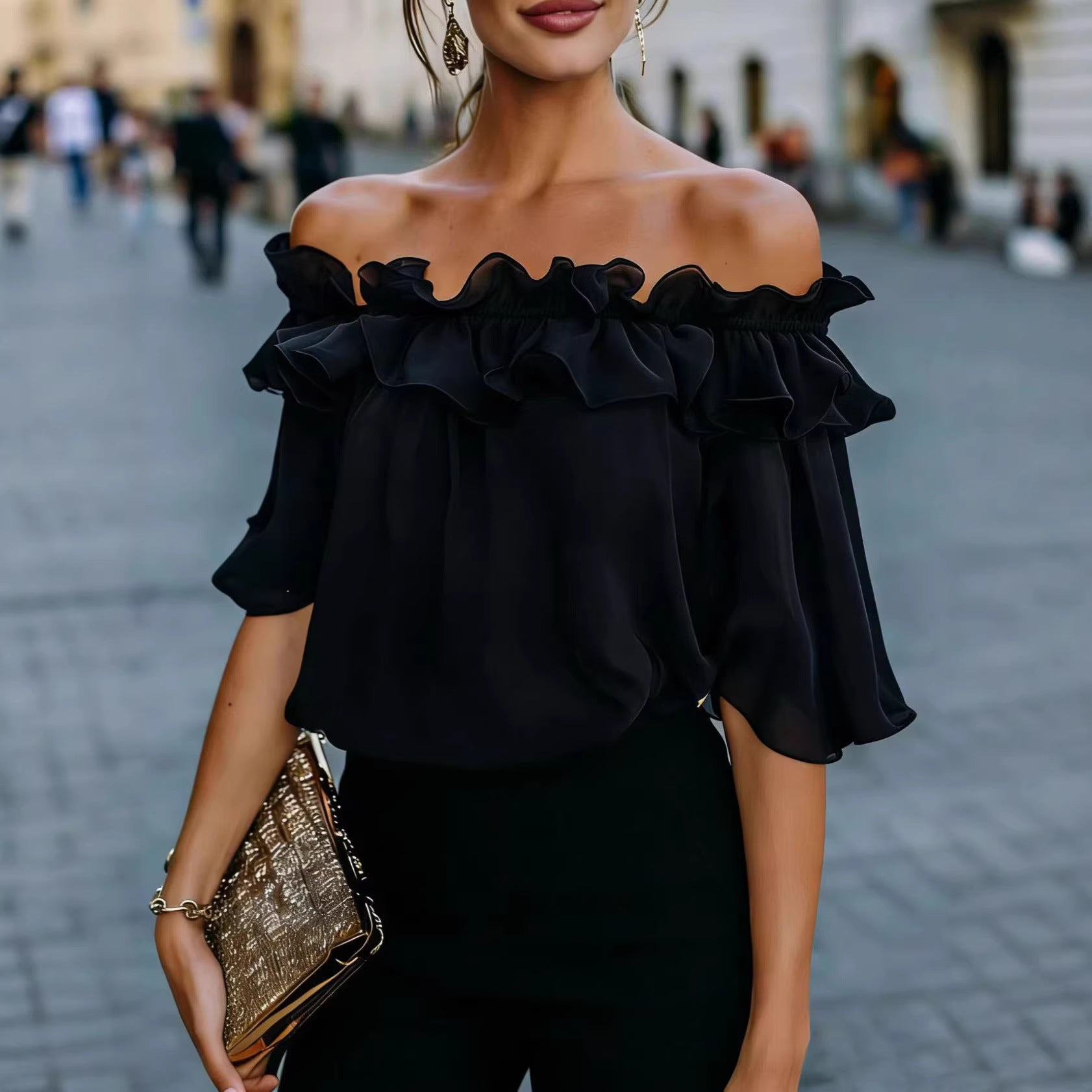 Solid-color Sexy Loose Off-shoulder Shirt