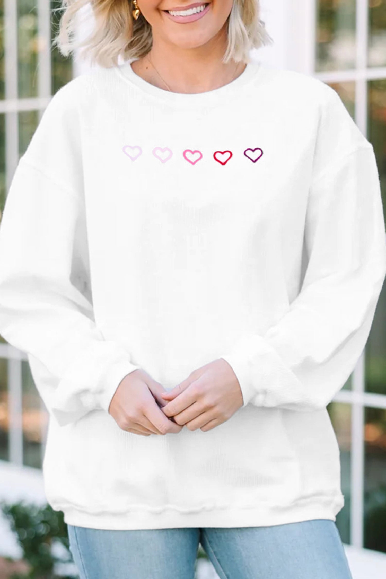 White 3d Ribbed XOXO Heart Embroidered Drop Shoulder Sweatshirt