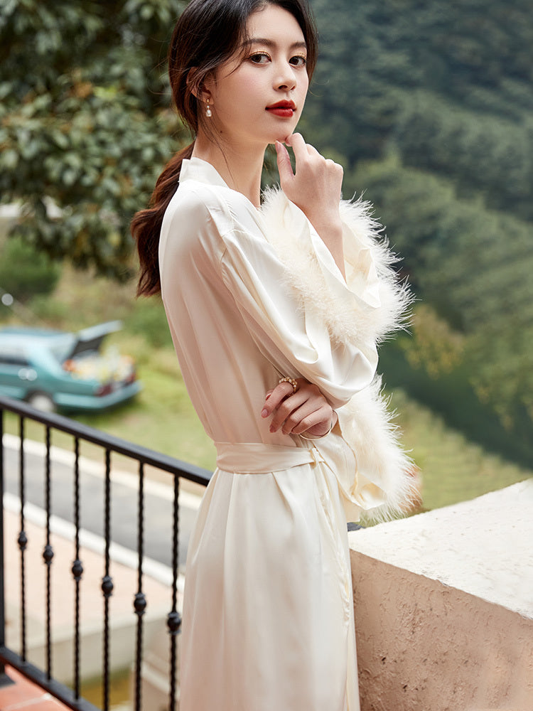 Bride's Ice Silk Cuff Feather Decoration Wedding Morning Robe