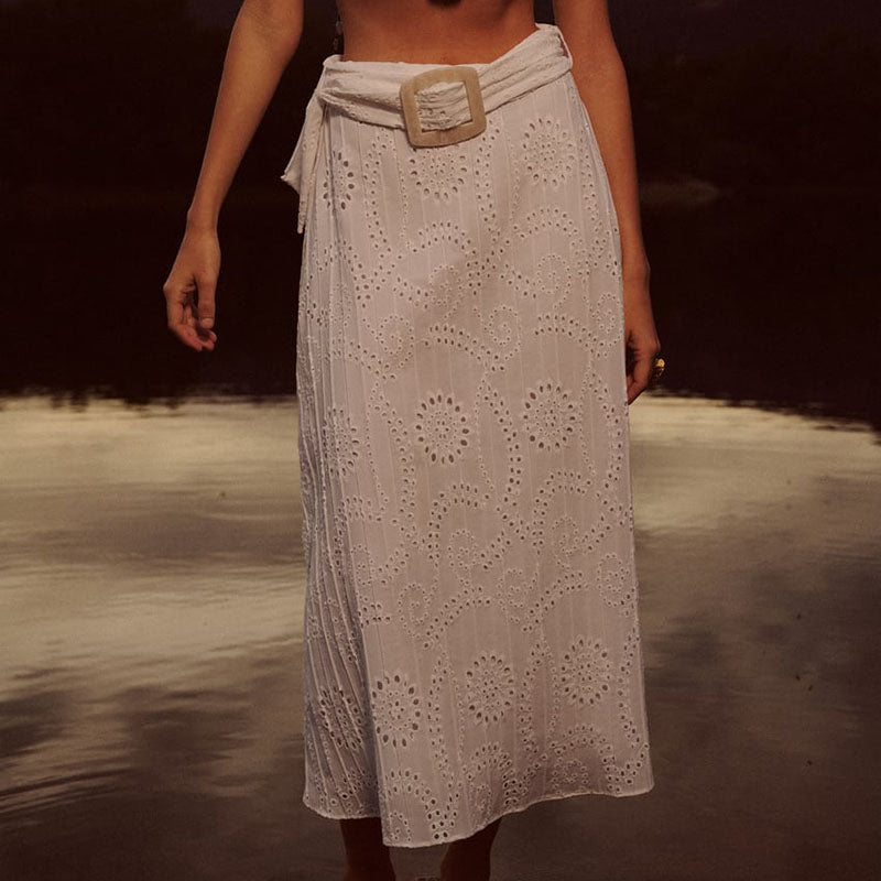 Women's White Dignified Hollow Embroidered Skirt