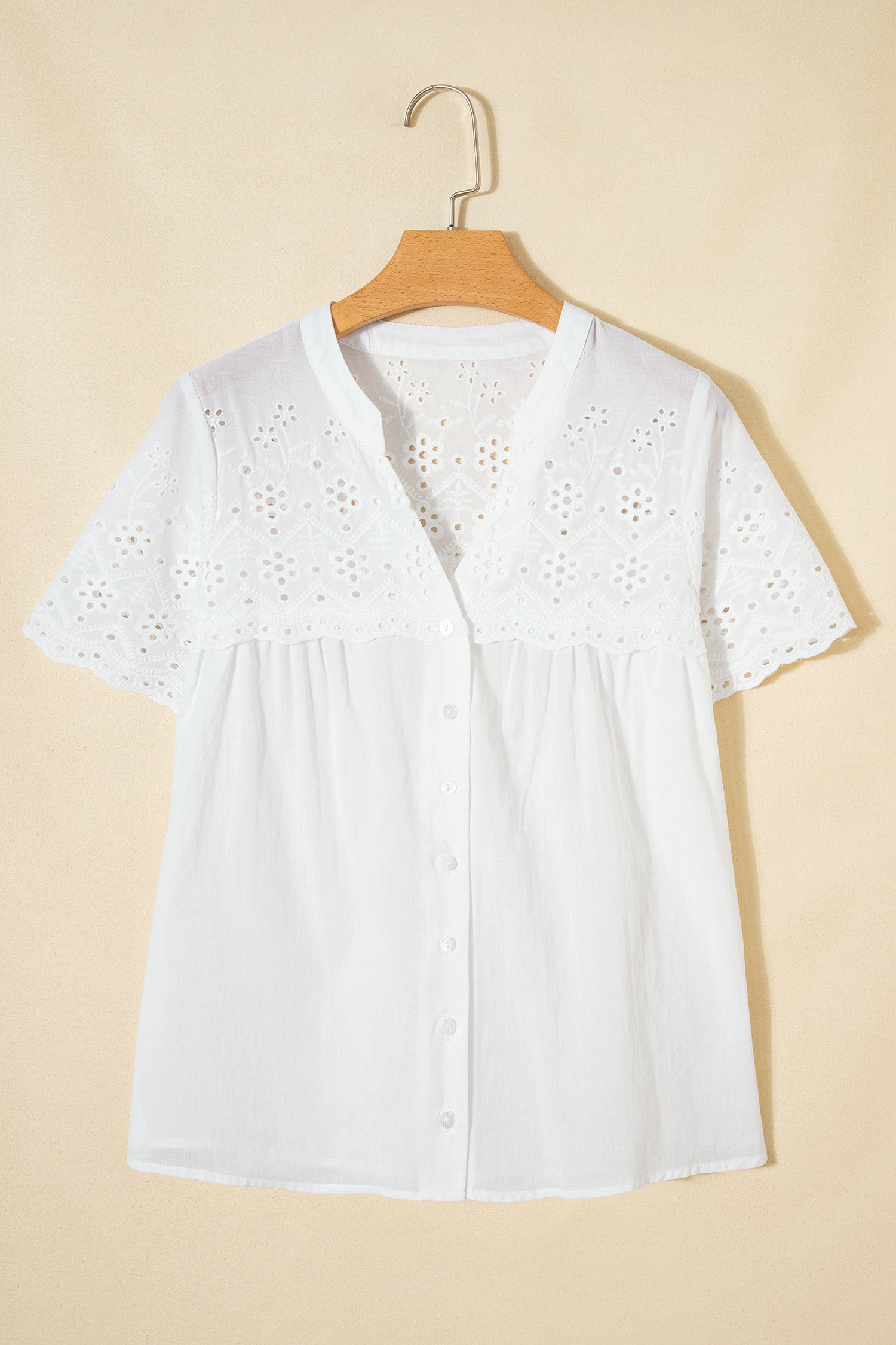 White Flower Eyelet Embroidered Patchwork Sheer Short Sleeve Shirt