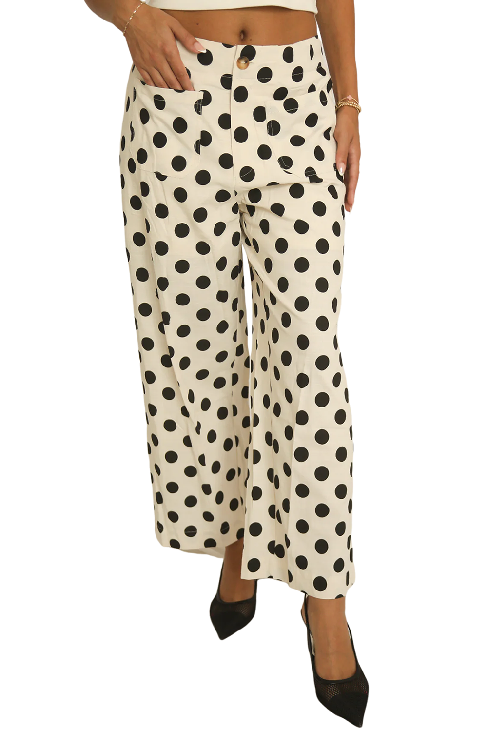 Black Polka Dot Print Patched Pocket Mid-rise Straight Leg Pants
