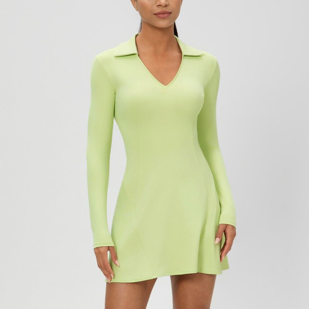 European And American-style Long-sleeve Lapel V-neck Sporty Casual Dress