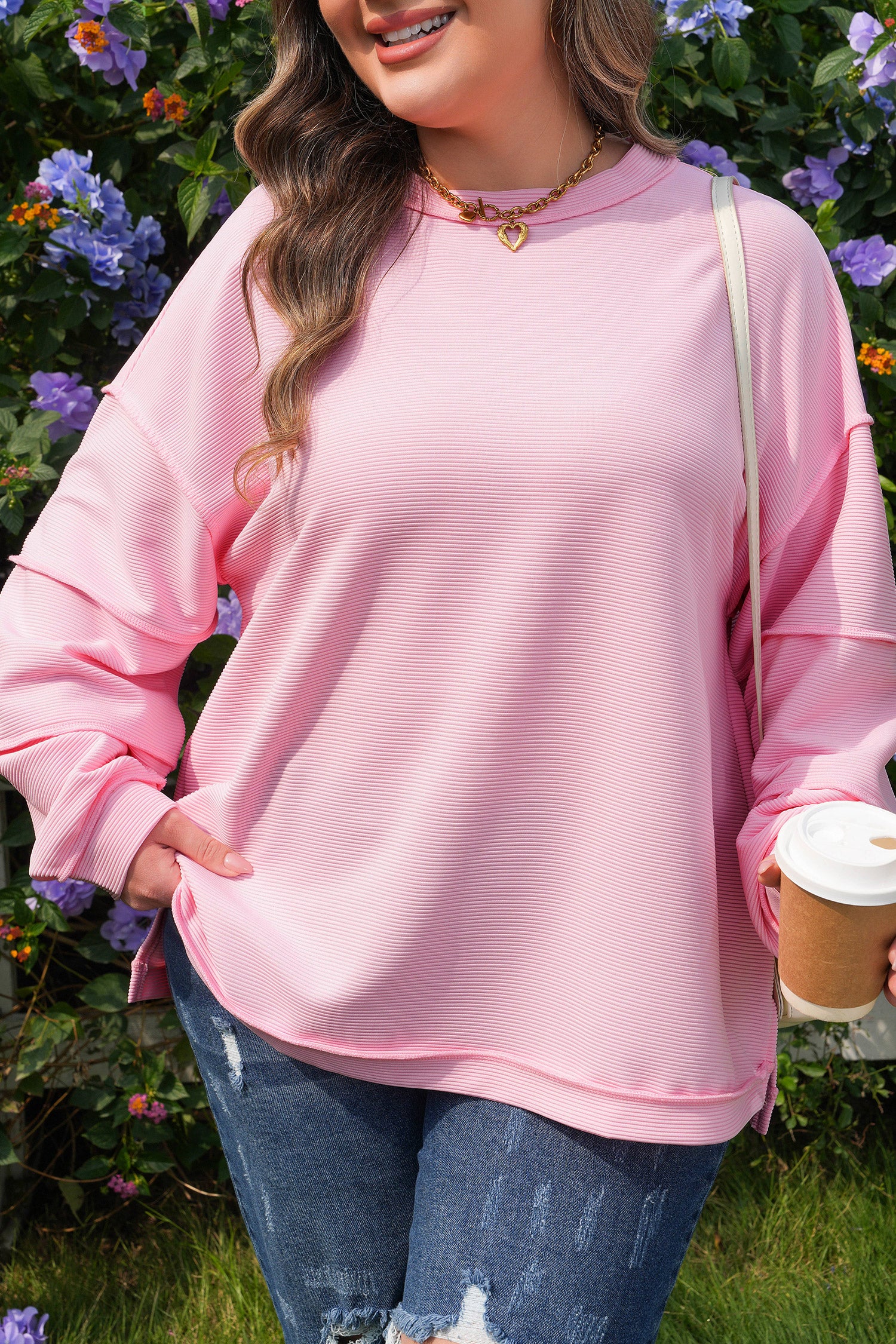 Pink Drop Shoulder Long Sleeve Plus Size Ribbed Top