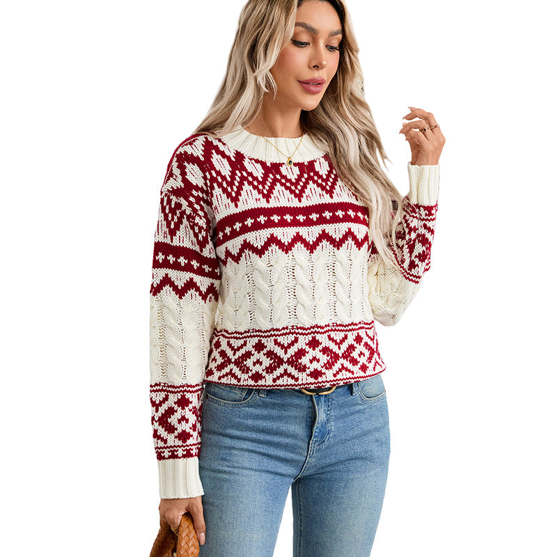 Retro Jacquard Pullover Knitted Sweater Women