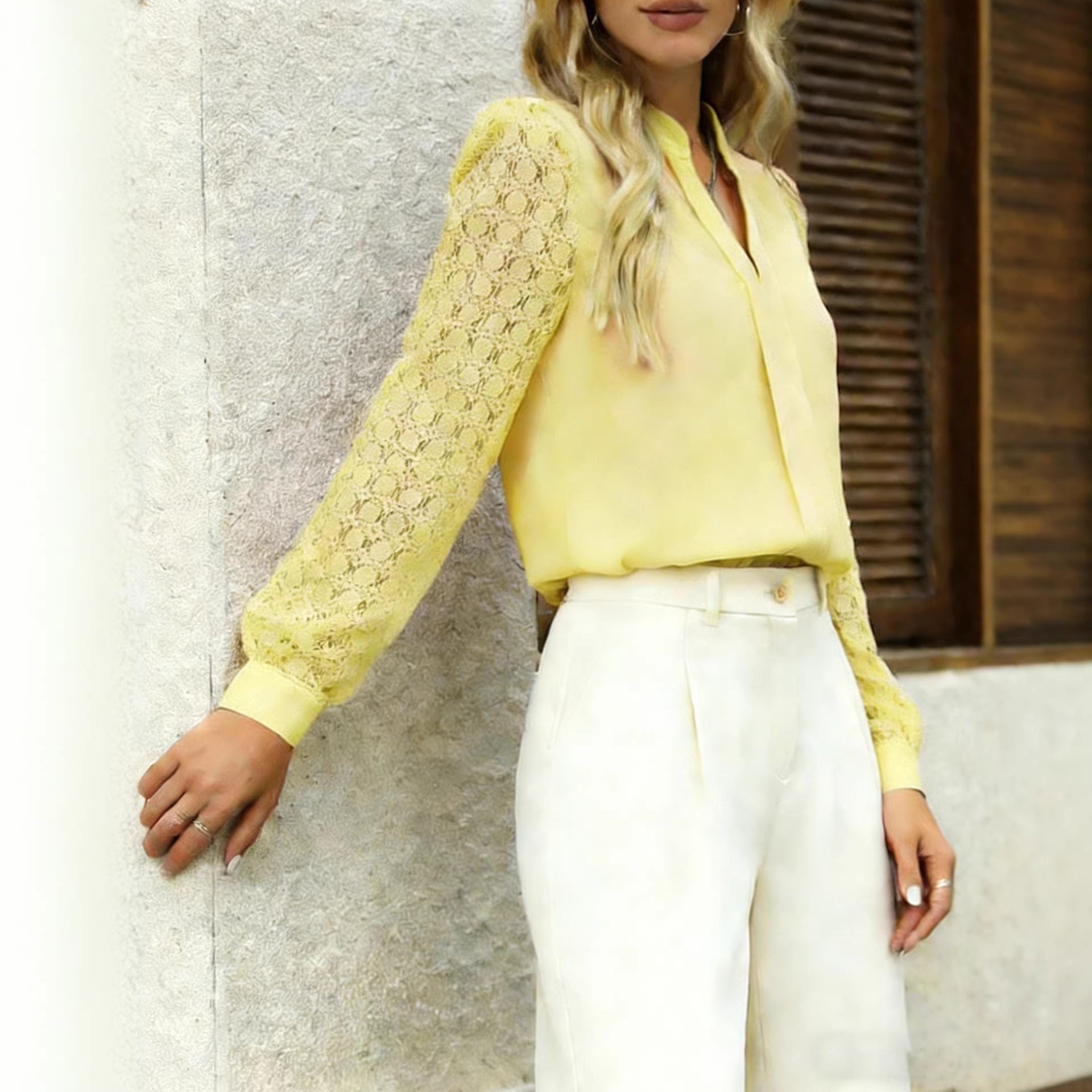 New V-neck Lace-trimmed Patchwork Long-sleeve Top