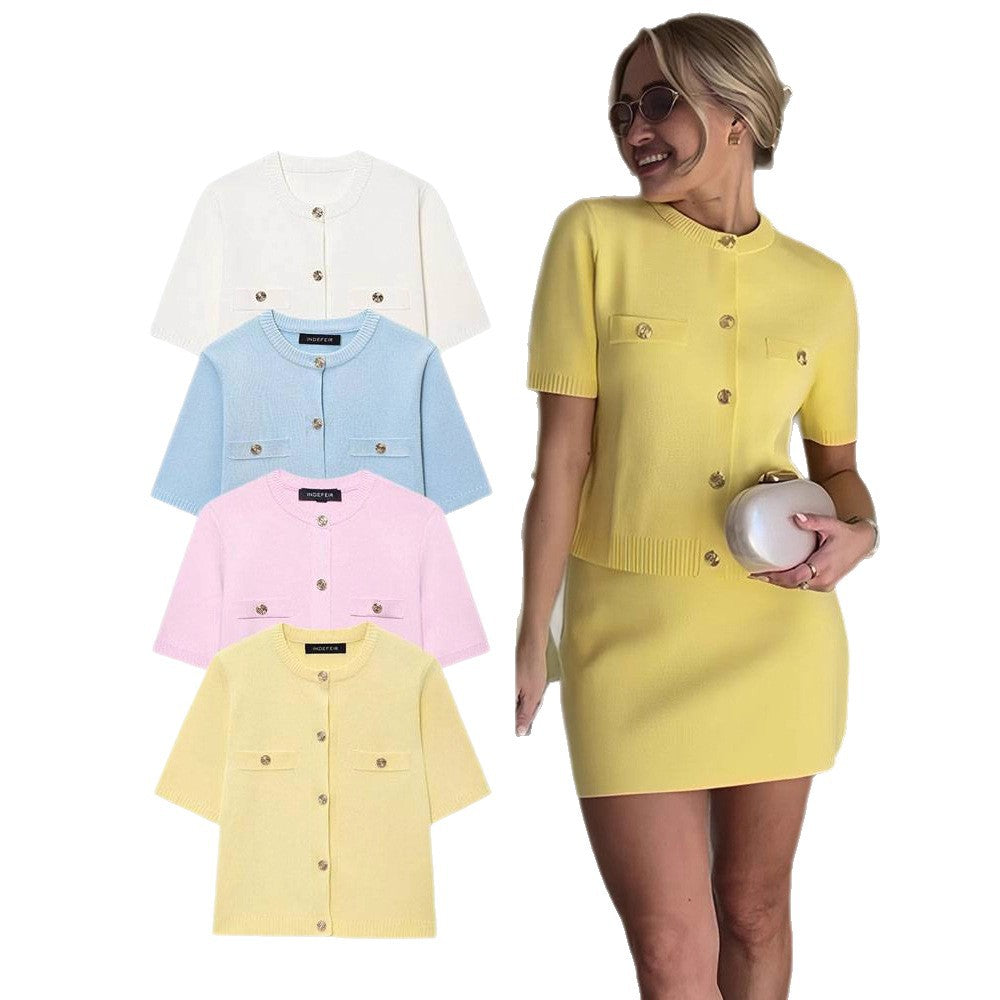 Polyester Women's Spring And Autumn Round Neck Knitted Cardigan Top