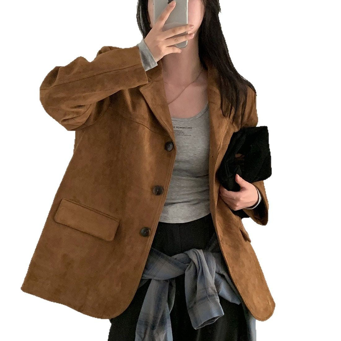 Single-breasted Loose Versatile Pocket Long Sleeve Suit Coat