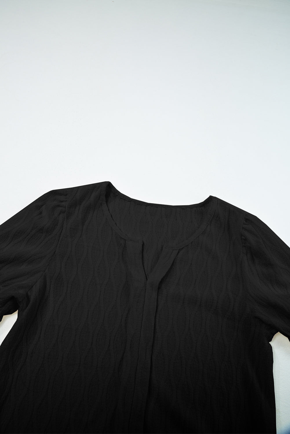 Black Solid Color Textured Notched Neck Puff Sleeve Blouse