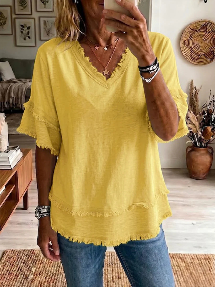 Women's V-Neck Pullover Short-Sleeve Loose Shirt
